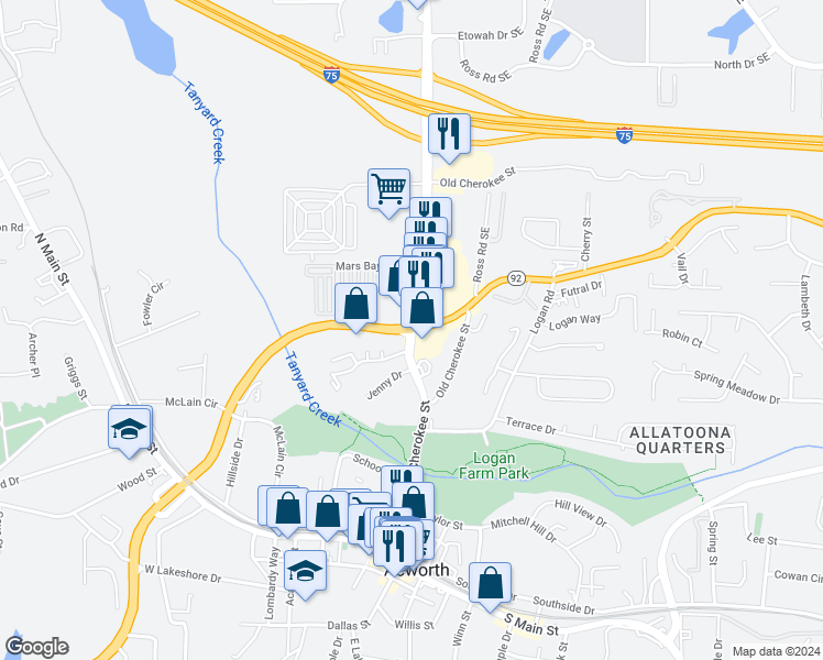 map of restaurants, bars, coffee shops, grocery stores, and more near Lake Acworth Dr & Old Cherokee St in Acworth