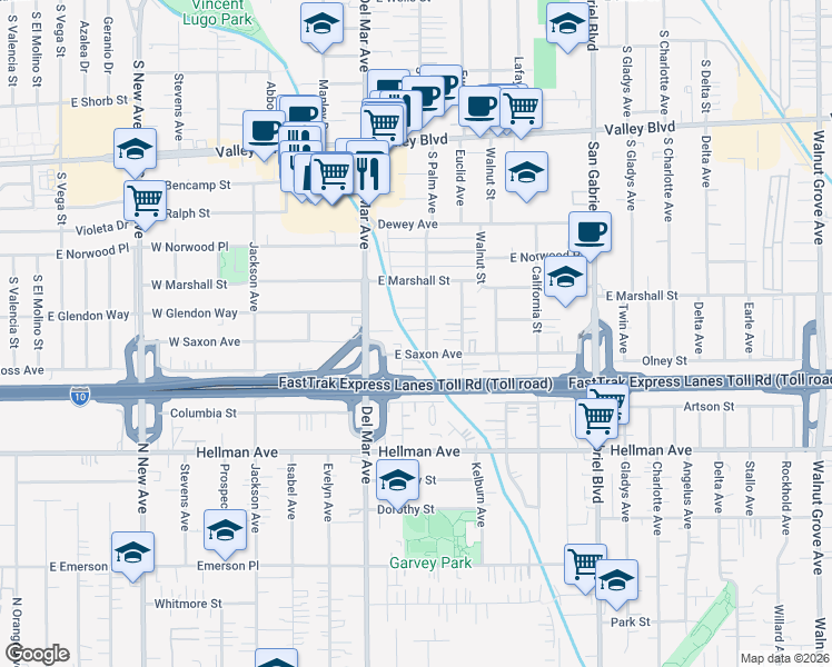 map of restaurants, bars, coffee shops, grocery stores, and more near 1957 Strathmore Avenue in San Gabriel