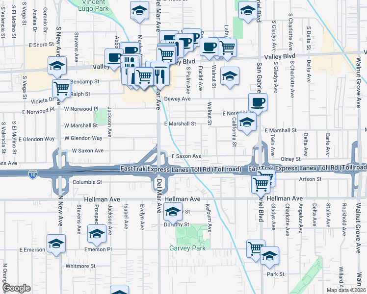 map of restaurants, bars, coffee shops, grocery stores, and more near 1957 Strathmore Avenue in San Gabriel