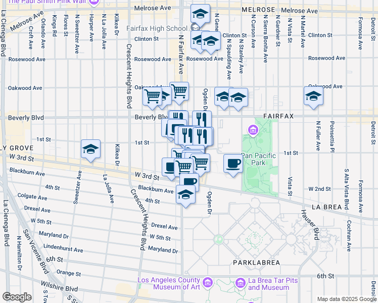 map of restaurants, bars, coffee shops, grocery stores, and more near 110 South Fairfax Avenue in Los Angeles