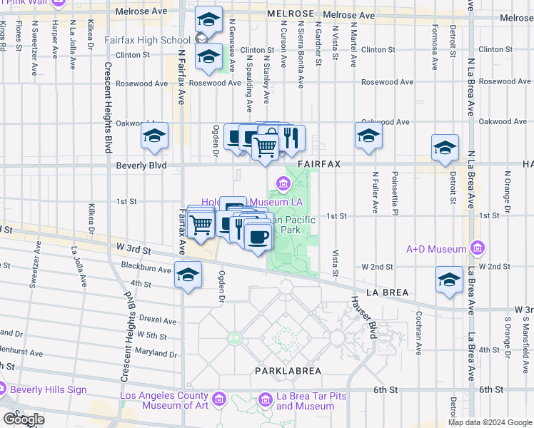 map of restaurants, bars, coffee shops, grocery stores, and more near 12 The Grove Drive in Los Angeles