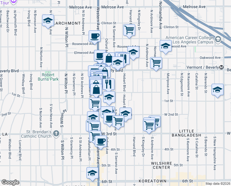 map of restaurants, bars, coffee shops, grocery stores, and more near 2 South Serrano Avenue in Los Angeles