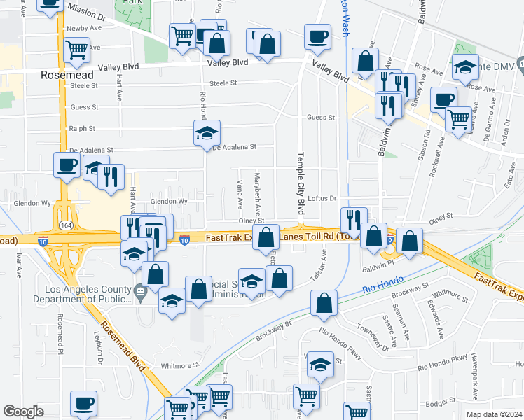 map of restaurants, bars, coffee shops, grocery stores, and more near 3516 Marybeth Avenue in Rosemead