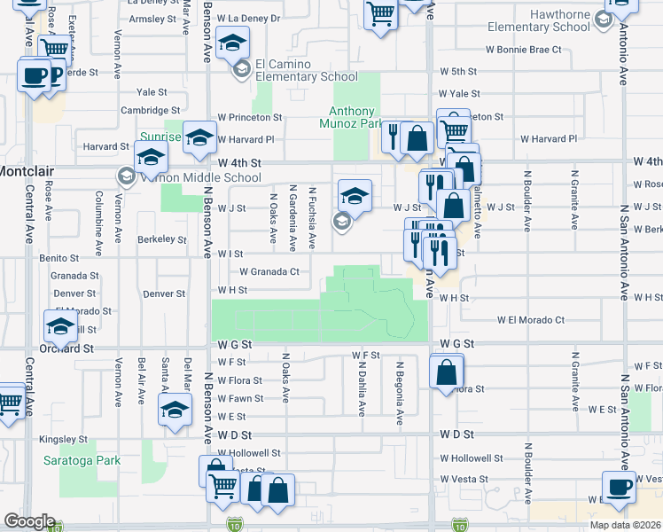 map of restaurants, bars, coffee shops, grocery stores, and more near 1301 West I Street in Ontario