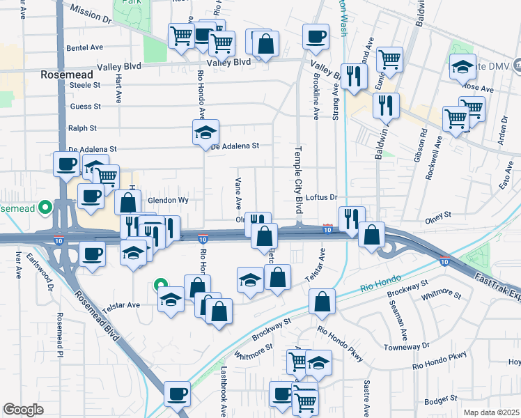 map of restaurants, bars, coffee shops, grocery stores, and more near 3516 Marybeth Avenue in Rosemead