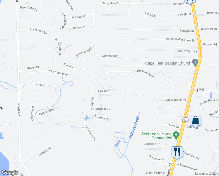 map of restaurants, bars, coffee shops, grocery stores, and more near 610 Linksider Drive in Wilmington