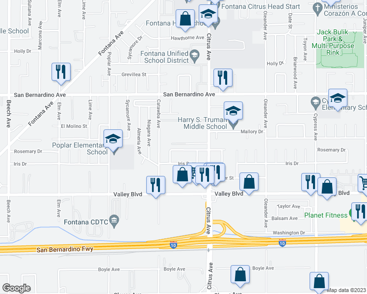 map of restaurants, bars, coffee shops, grocery stores, and more near 16002 Rosemary Drive in Fontana