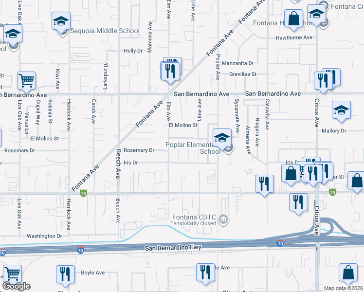 map of restaurants, bars, coffee shops, grocery stores, and more near 15585 Mallory Drive in Fontana