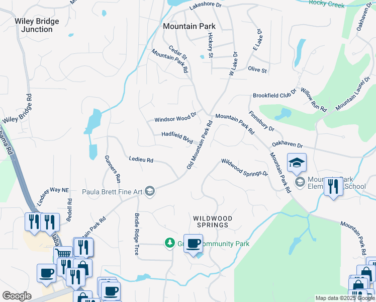 map of restaurants, bars, coffee shops, grocery stores, and more near 120 Stanmore Court in Roswell