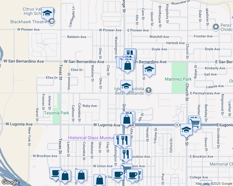 map of restaurants, bars, coffee shops, grocery stores, and more near 10 West Pennsylvania Avenue in Redlands