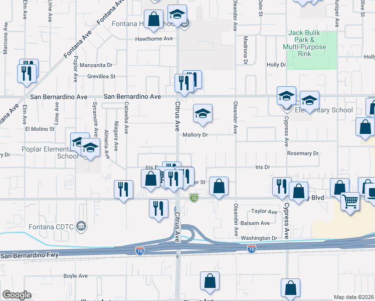 map of restaurants, bars, coffee shops, grocery stores, and more near 9885 Elwood Court in Fontana