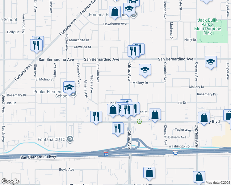 map of restaurants, bars, coffee shops, grocery stores, and more near 16002 Rosemary Drive in Fontana