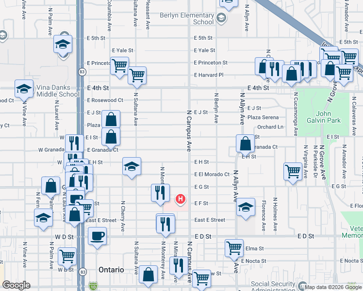 map of restaurants, bars, coffee shops, grocery stores, and more near 656 East I Street in Ontario
