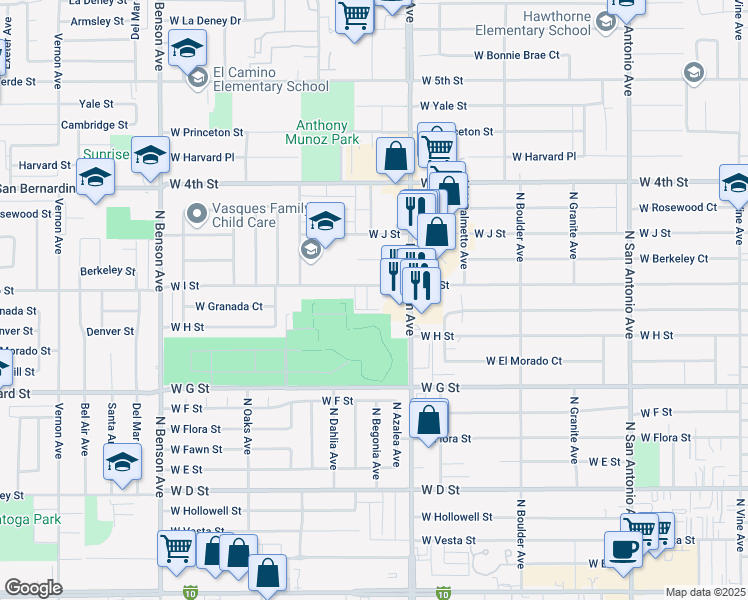 map of restaurants, bars, coffee shops, grocery stores, and more near 1161 West I Street in Ontario
