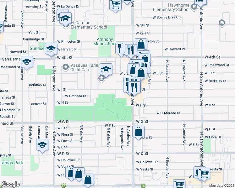 map of restaurants, bars, coffee shops, grocery stores, and more near 1161 West I Street in Ontario