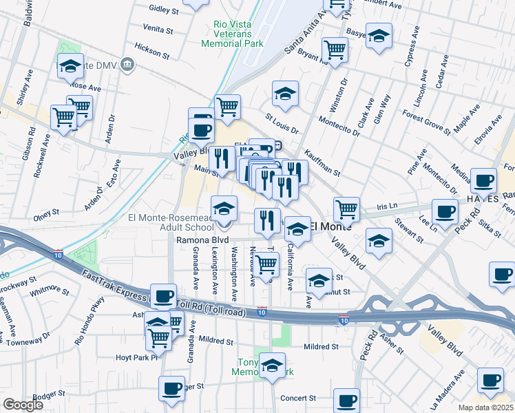 map of restaurants, bars, coffee shops, grocery stores, and more near 10940 Main Street in El Monte