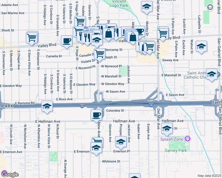 map of restaurants, bars, coffee shops, grocery stores, and more near 506 West Glendon Way in San Gabriel