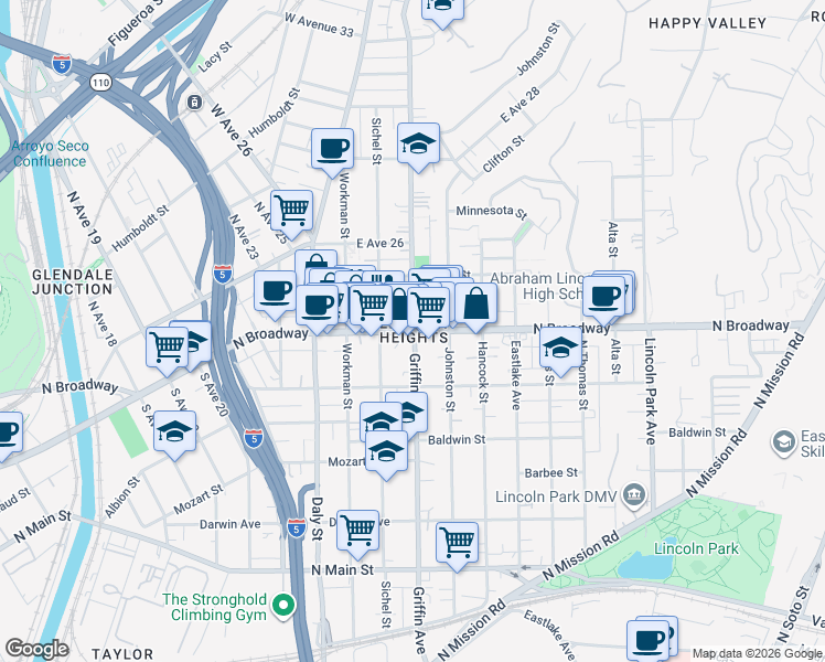map of restaurants, bars, coffee shops, grocery stores, and more near in Los Angeles