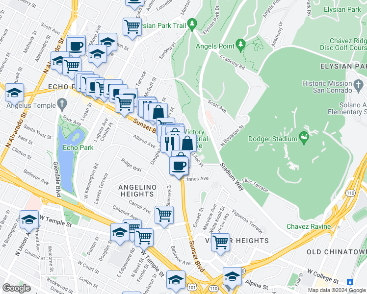 map of restaurants, bars, coffee shops, grocery stores, and more near 1309 West Lilac Terrace in Los Angeles