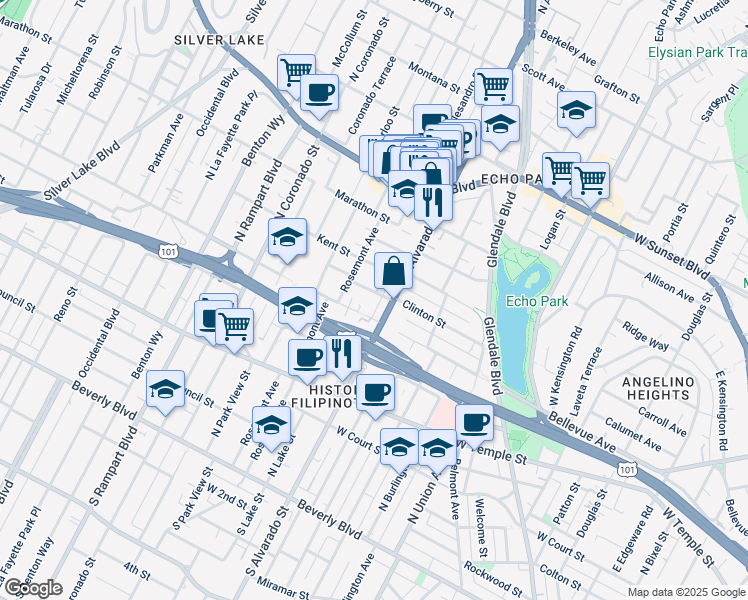 map of restaurants, bars, coffee shops, grocery stores, and more near 707 North Alvarado Street in Los Angeles