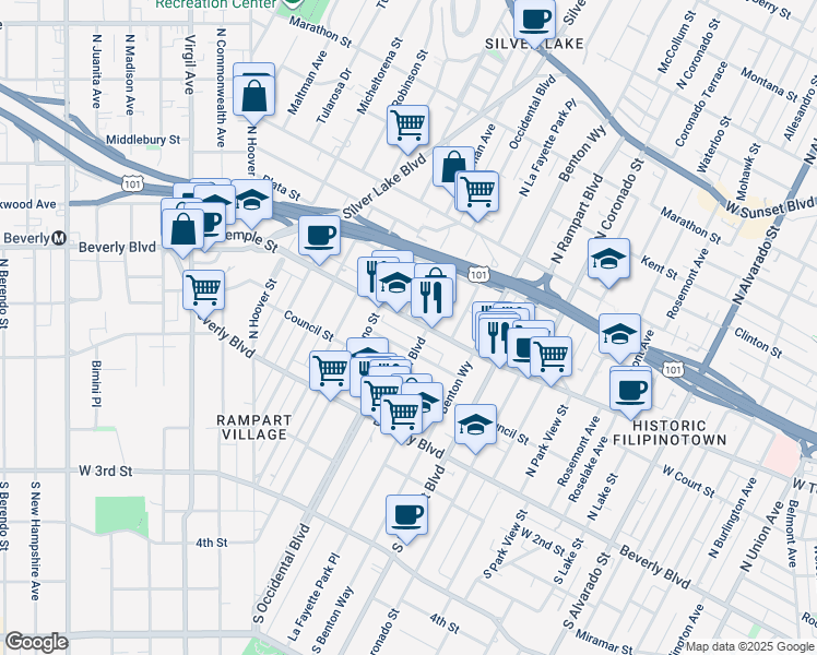 map of restaurants, bars, coffee shops, grocery stores, and more near 2819 West Temple Street in Los Angeles