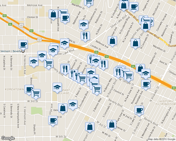 map of restaurants, bars, coffee shops, grocery stores, and more near 262 North Reno Street in Los Angeles