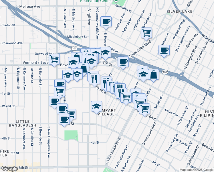 map of restaurants, bars, coffee shops, grocery stores, and more near 140 North Hoover Street in Los Angeles