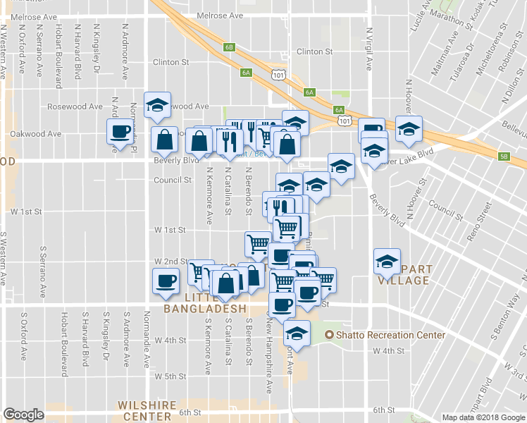 map of restaurants, bars, coffee shops, grocery stores, and more near 143 North New Hampshire Avenue in Los Angeles
