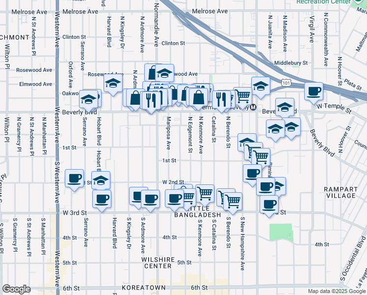 map of restaurants, bars, coffee shops, grocery stores, and more near 136 North Edgemont Street in Los Angeles
