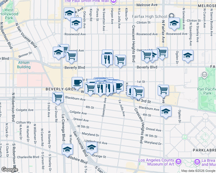 map of restaurants, bars, coffee shops, grocery stores, and more near 107 South Harper Avenue in Los Angeles