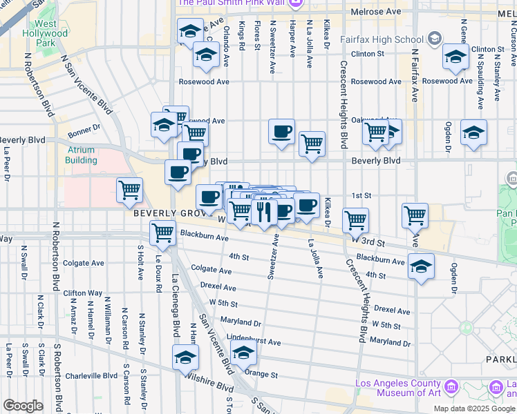 map of restaurants, bars, coffee shops, grocery stores, and more near 112 South Flores Street in Los Angeles