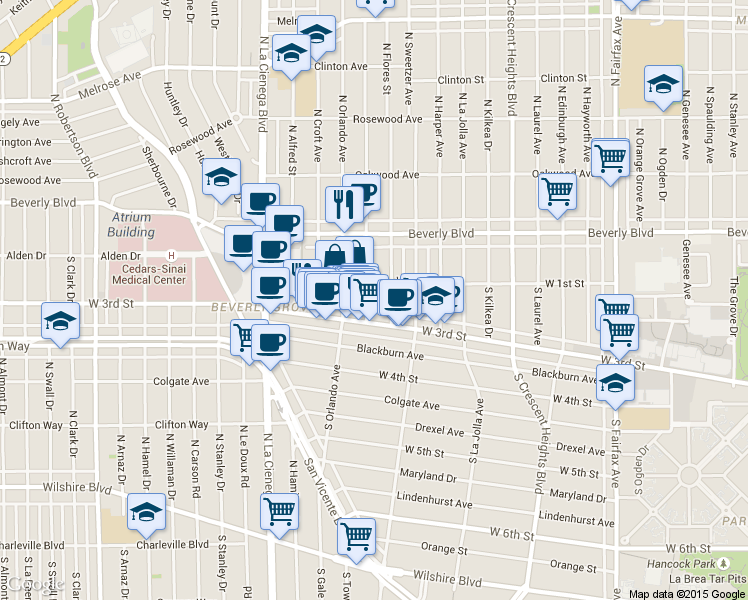 map of restaurants, bars, coffee shops, grocery stores, and more near in West Hollywood