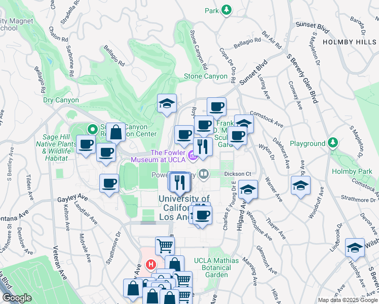 map of restaurants, bars, coffee shops, grocery stores, and more near 110 Westwood Plaza in Los Angeles