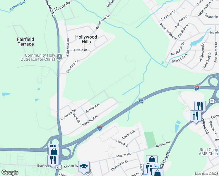 map of restaurants, bars, coffee shops, grocery stores, and more near 413 Crawford Road in Columbia