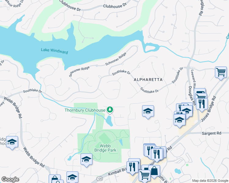 map of restaurants, bars, coffee shops, grocery stores, and more near 220 Lake Pines Pointe in Alpharetta