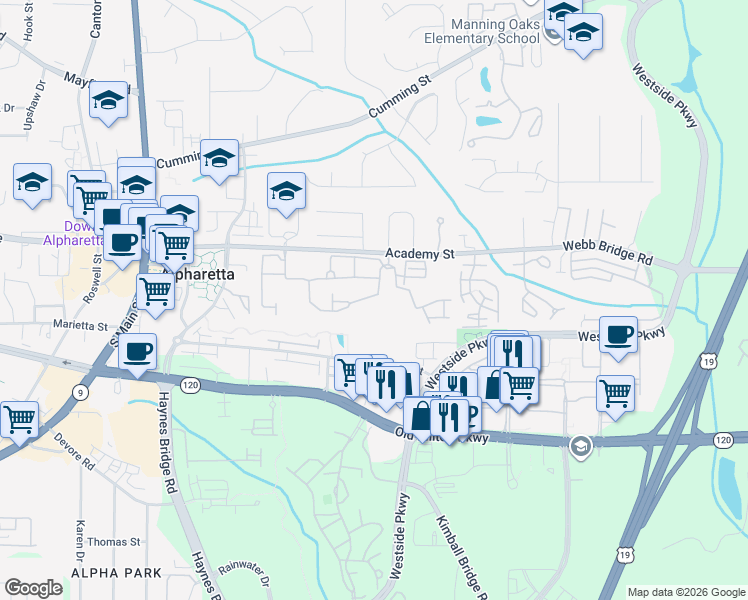 map of restaurants, bars, coffee shops, grocery stores, and more near 12130 Dancliff Trce in Alpharetta