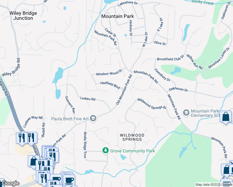 map of restaurants, bars, coffee shops, grocery stores, and more near 120 Stanmore Court in Roswell