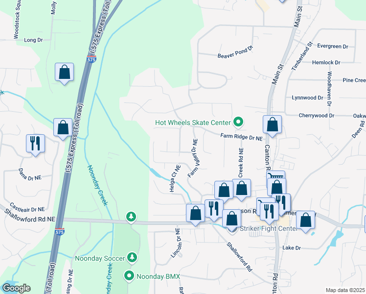 map of restaurants, bars, coffee shops, grocery stores, and more near 5126 Farm Place Drive Northeast in Woodstock