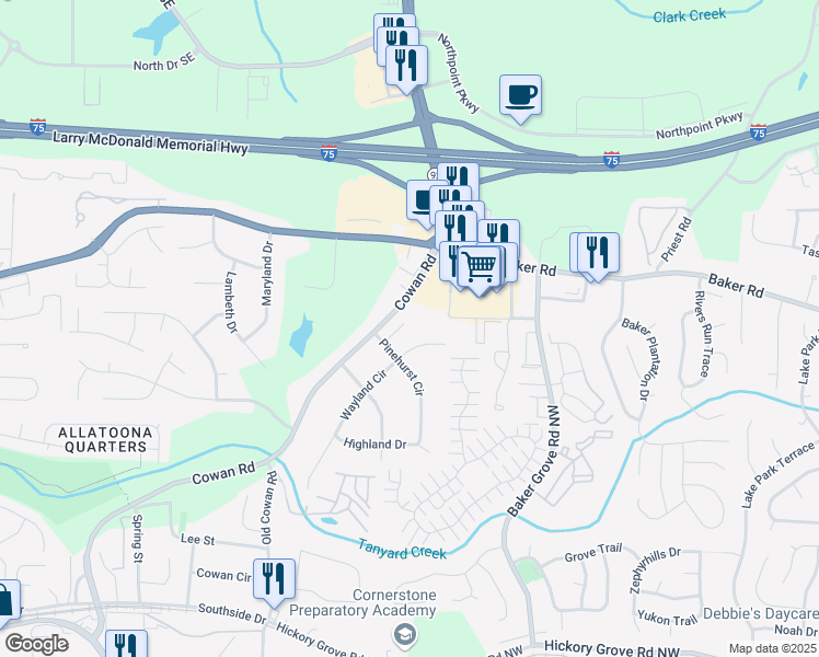 map of restaurants, bars, coffee shops, grocery stores, and more near 4958 Cowan Road in Acworth