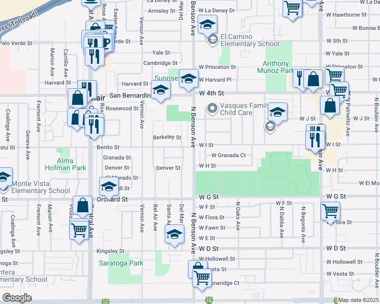 map of restaurants, bars, coffee shops, grocery stores, and more near 9922 Benson Avenue in Montclair