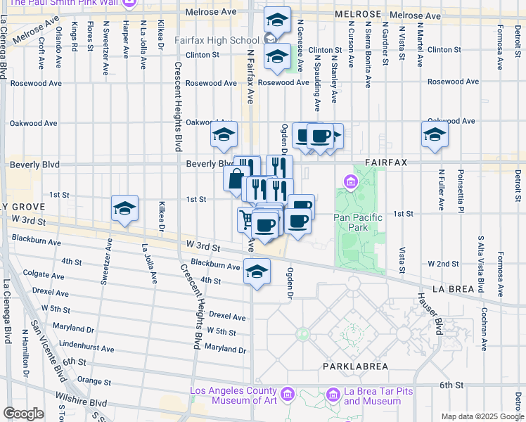map of restaurants, bars, coffee shops, grocery stores, and more near 110 South Fairfax Avenue in Los Angeles