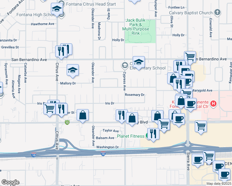 map of restaurants, bars, coffee shops, grocery stores, and more near 9916 Toyon Avenue in Fontana