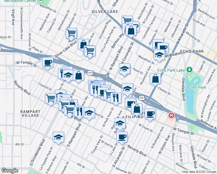 map of restaurants, bars, coffee shops, grocery stores, and more near 414 North Rampart Boulevard in Los Angeles