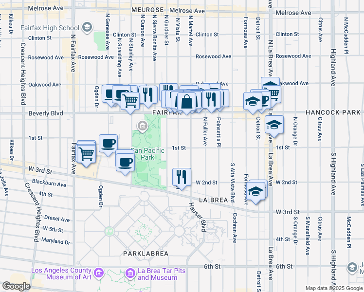 map of restaurants, bars, coffee shops, grocery stores, and more near 2 North Vista Street in Los Angeles