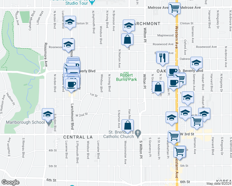 map of restaurants, bars, coffee shops, grocery stores, and more near 123 North Norton Avenue in Los Angeles