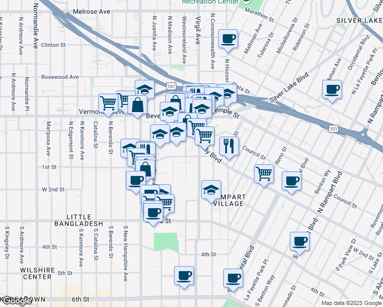 map of restaurants, bars, coffee shops, grocery stores, and more near 3417 West 1st Street in Los Angeles