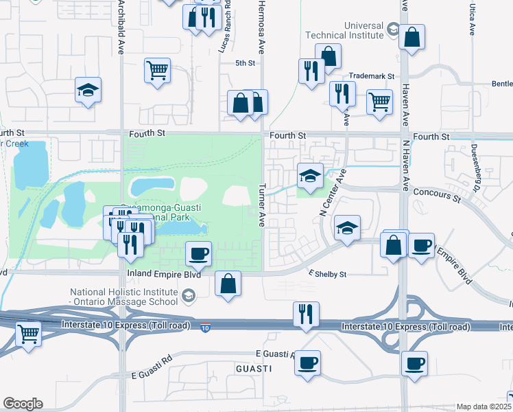map of restaurants, bars, coffee shops, grocery stores, and more near 831 Turner Avenue in Ontario