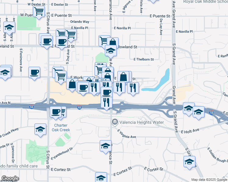map of restaurants, bars, coffee shops, grocery stores, and more near 848 Barranca Street in Covina