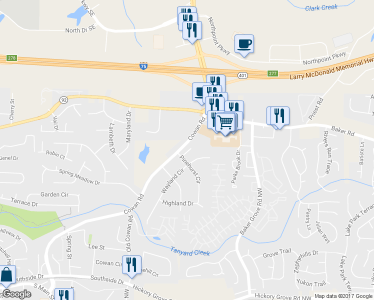 map of restaurants, bars, coffee shops, grocery stores, and more near 4940 Cowan Road in Acworth