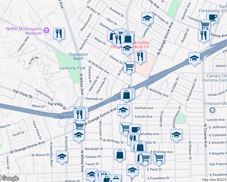 map of restaurants, bars, coffee shops, grocery stores, and more near 1478 North Park Avenue in Pomona